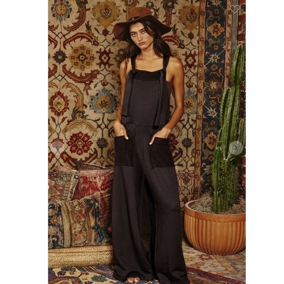 Bucket List FRENCH TERRY SLOUCHY OVERALL JUMPSUIT in Black - Picture 1 of 3